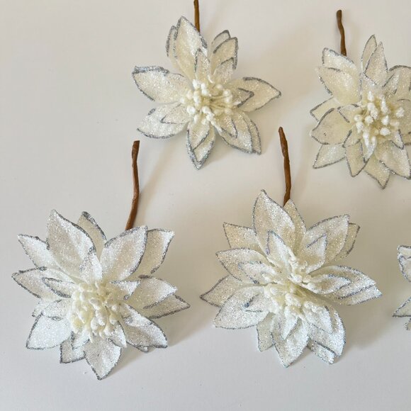 Artificial White Poinsettia Stems with Silver Glitter – 6pc Glam Holiday Décor - Picture 4 of 7